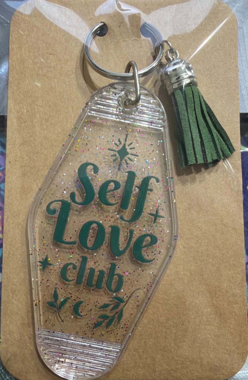 Self Love Club Clear & Green Vintage Hotel Motel Keychain Key Chain Handmade